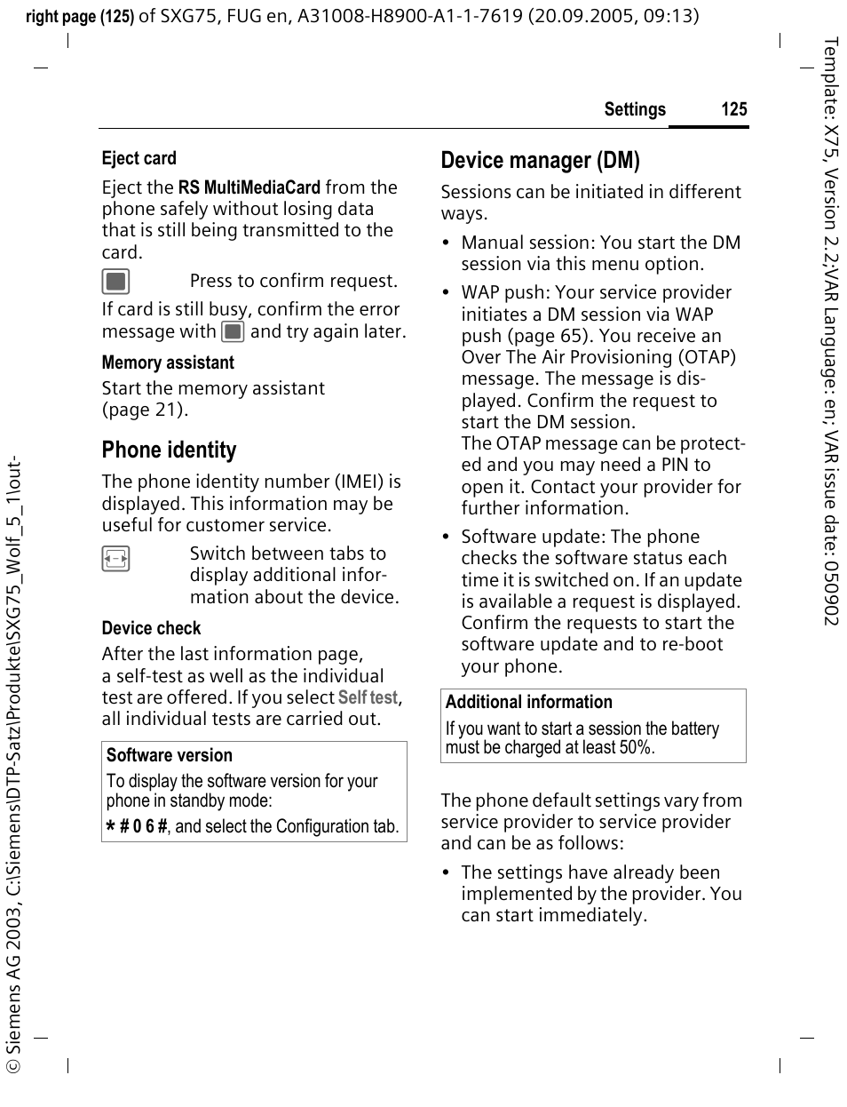 Phone identity, Device manager (dm) | Siemens SXG75 User Manual | Page 126 / 166