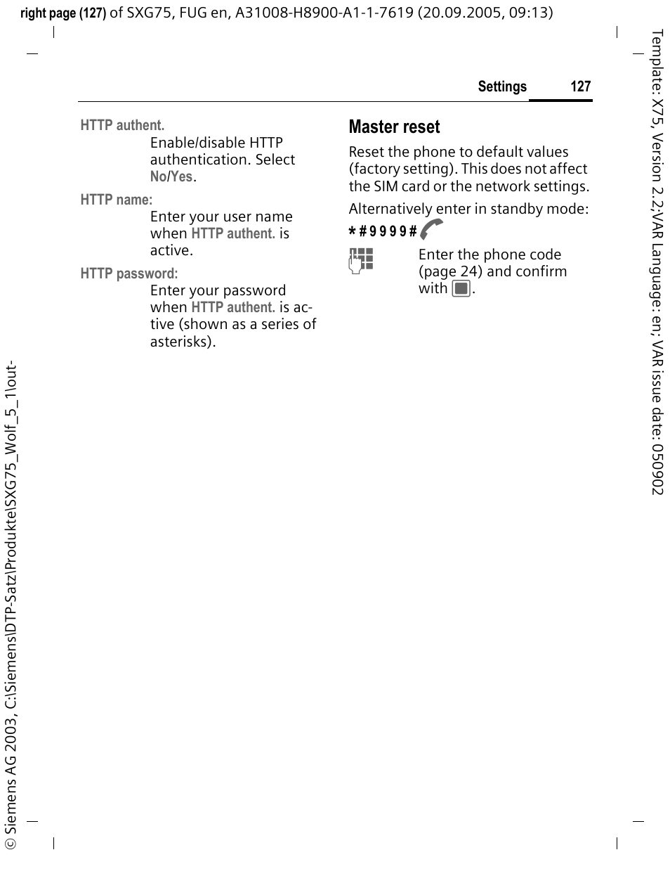 Master reset | Siemens SXG75 User Manual | Page 128 / 166