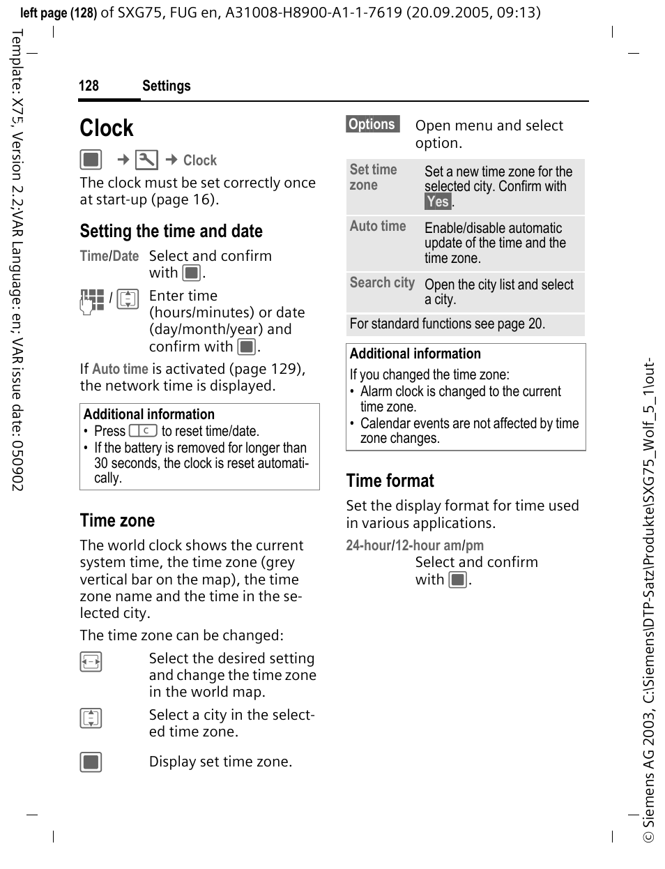 Clock, Setting the time and date, Time zone | Time format | Siemens SXG75 User Manual | Page 129 / 166