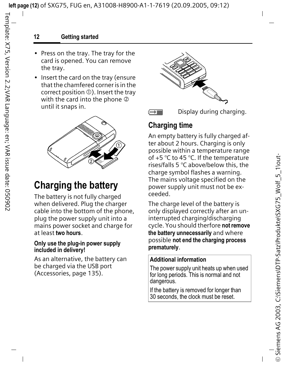 Charging the battery, Charging time | Siemens SXG75 User Manual | Page 13 / 166