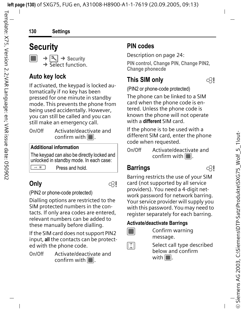 Security, Auto key lock, Only b | Pin codes, This sim only b, Barrings b | Siemens SXG75 User Manual | Page 131 / 166