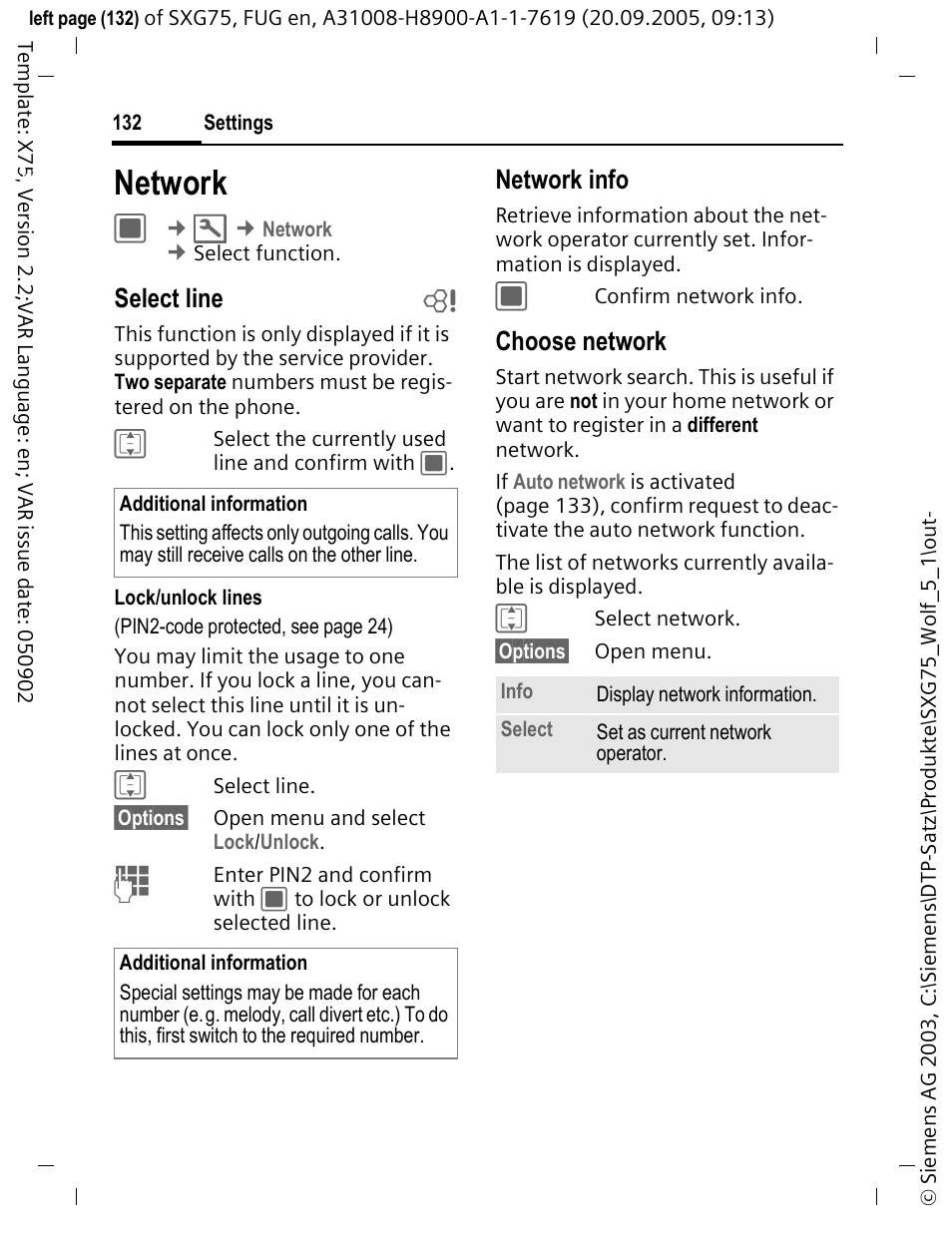 Network, Select line b, Network info | Choose network | Siemens SXG75 User Manual | Page 133 / 166