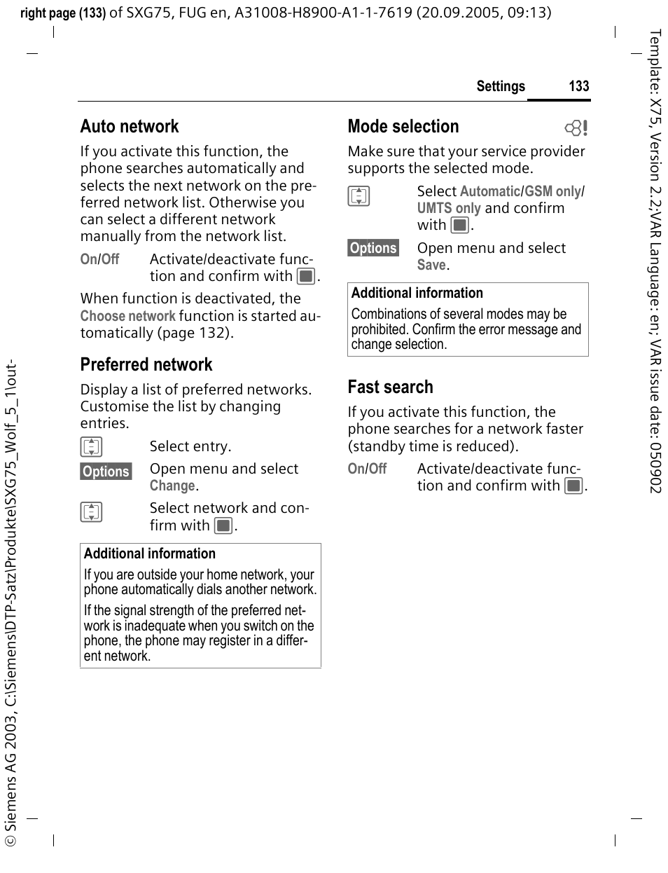 Auto network, Preferred network, Mode selection b | Fast search | Siemens SXG75 User Manual | Page 134 / 166