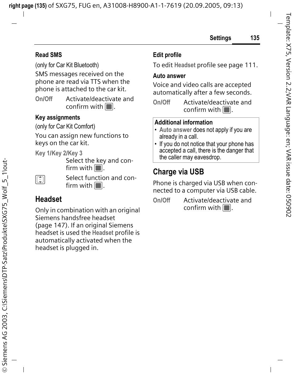 Headset, Charge via usb | Siemens SXG75 User Manual | Page 136 / 166