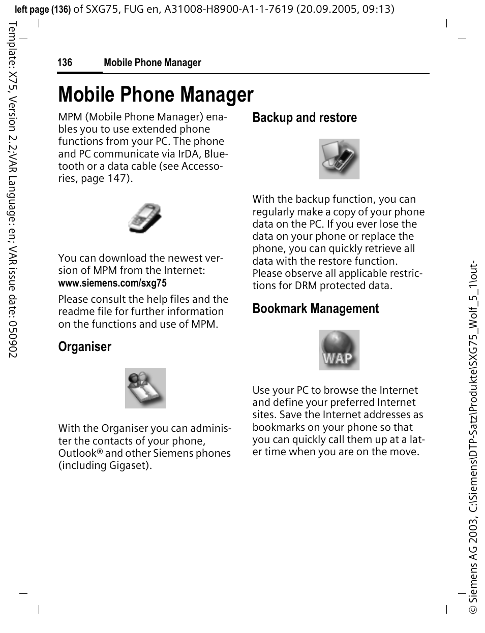 Mobile phone manager, Organiser, Backup and restore | Bookmark management | Siemens SXG75 User Manual | Page 137 / 166