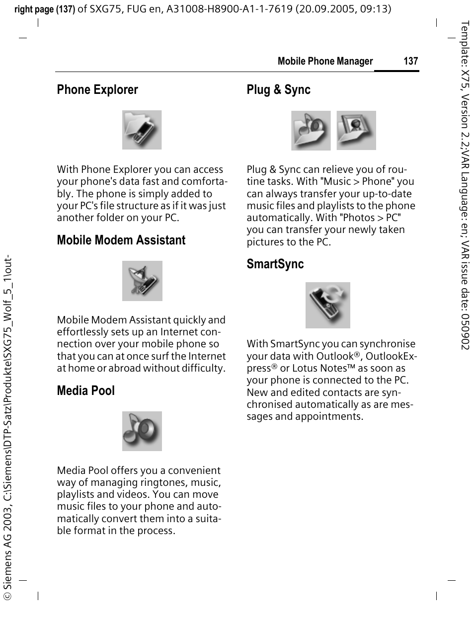 Phone explorer, Mobile modem assistant, Media pool | Plug & sync, Smartsync | Siemens SXG75 User Manual | Page 138 / 166