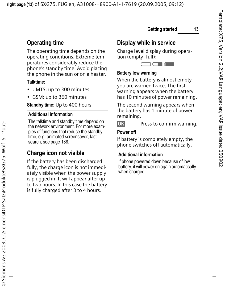 V w x, Operating time, Charge icon not visible | Display while in service | Siemens SXG75 User Manual | Page 14 / 166