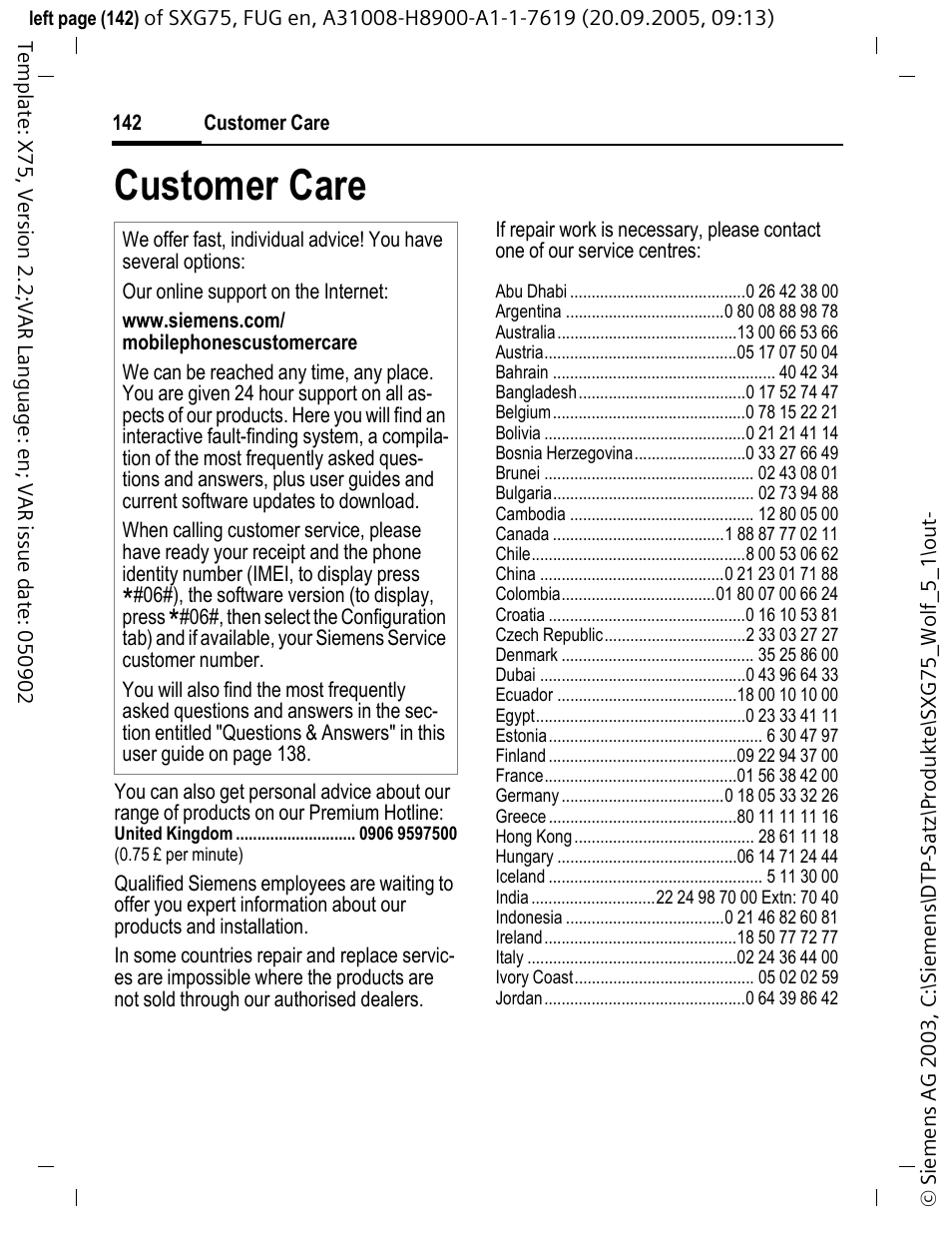 Customer care | Siemens SXG75 User Manual | Page 143 / 166