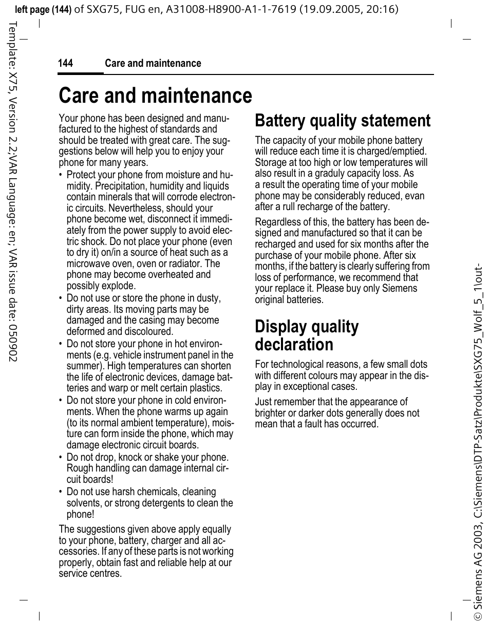 Care and maintenance, Battery quality statement, Display quality declaration | Siemens SXG75 User Manual | Page 145 / 166