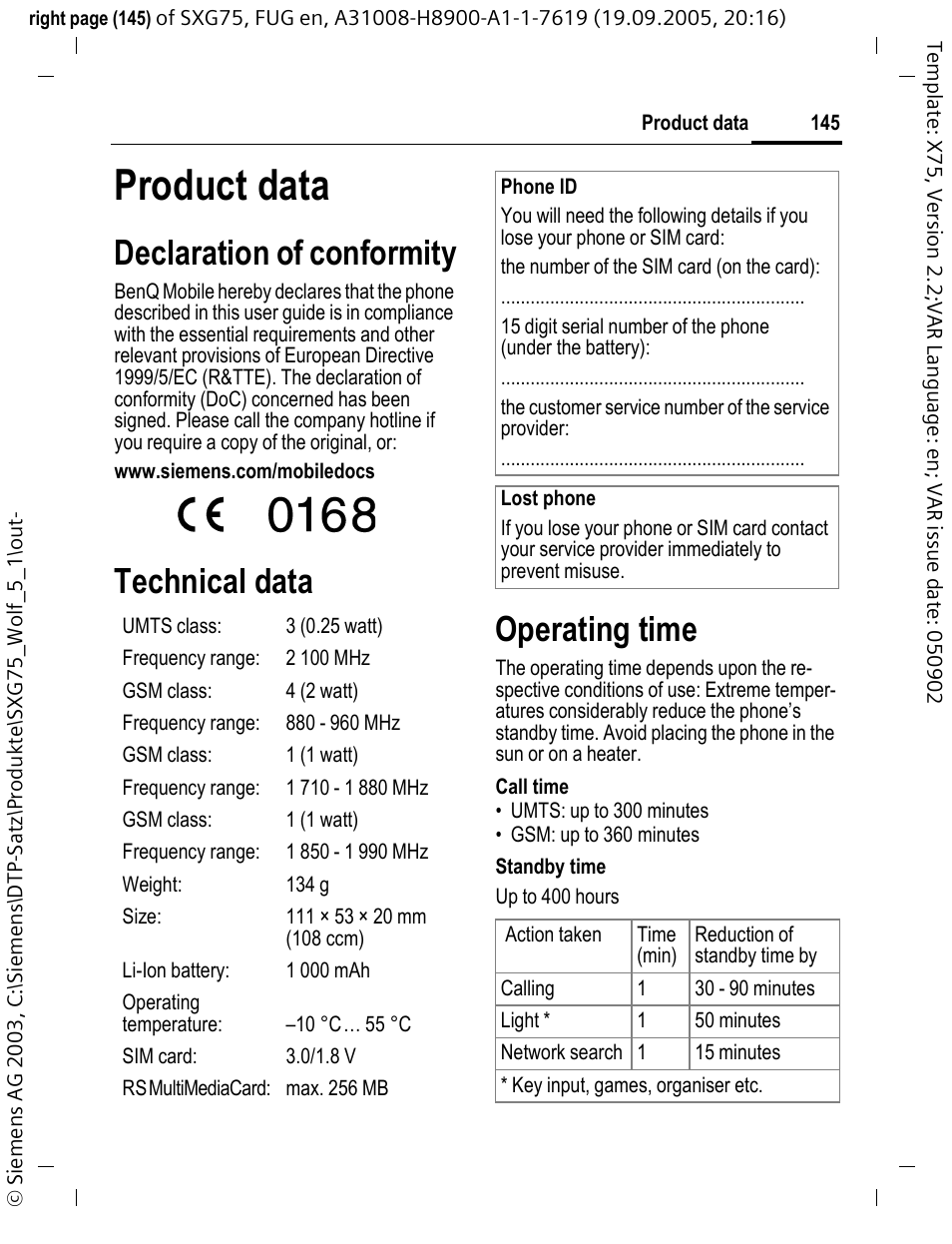 Product data, Declaration of conformity, Technical data | Operating time, Technical data operating time | Siemens SXG75 User Manual | Page 146 / 166