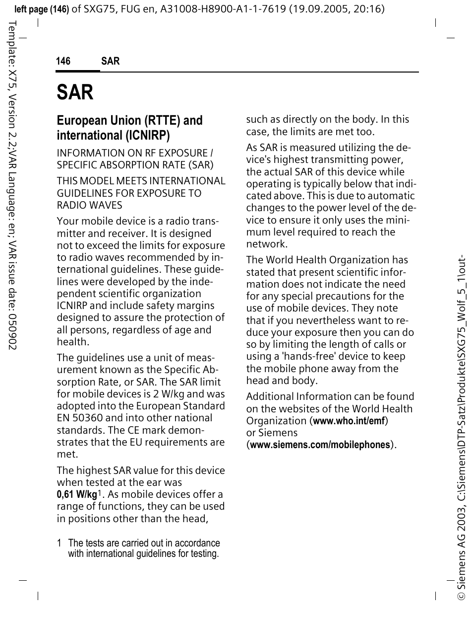 European union (rtte) and international (icnirp) | Siemens SXG75 User Manual | Page 147 / 166