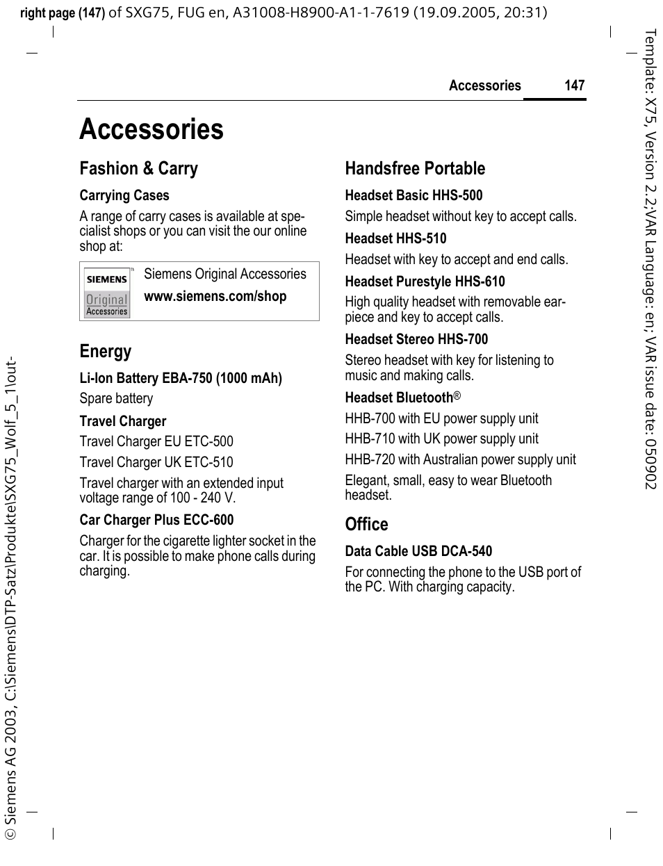 Accessories, Fashion & carry, Energy | Handsfree portable, Office | Siemens SXG75 User Manual | Page 148 / 166