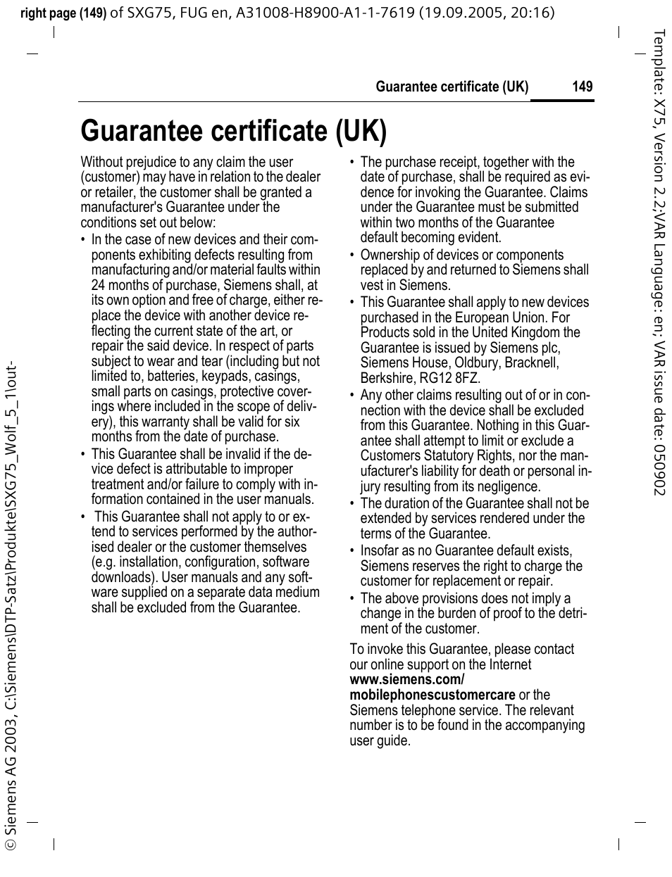 Guarantee certificate (uk) | Siemens SXG75 User Manual | Page 150 / 166