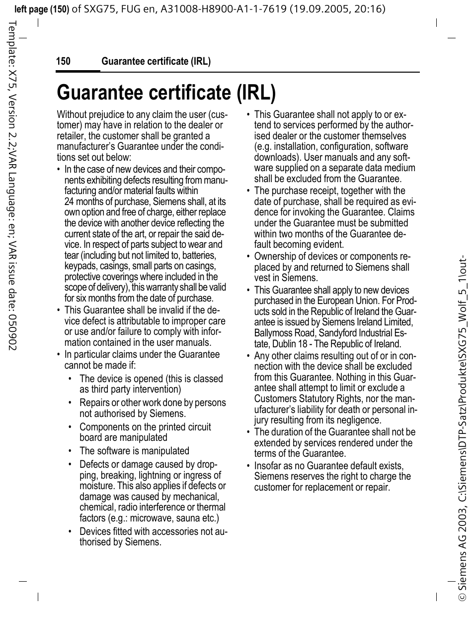 Guarantee certificate (irl) | Siemens SXG75 User Manual | Page 151 / 166