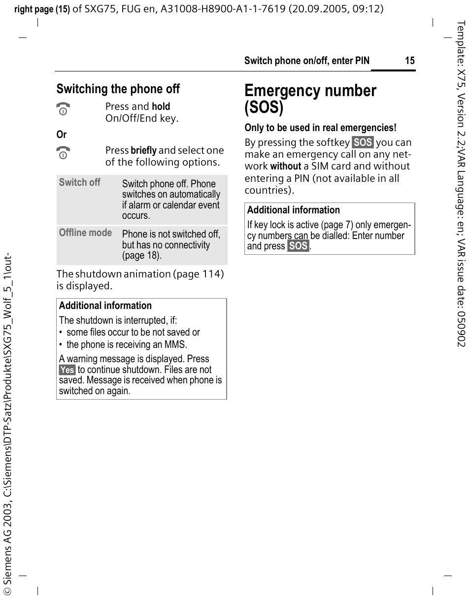 Emergency number (sos), Switching the phone off | Siemens SXG75 User Manual | Page 16 / 166
