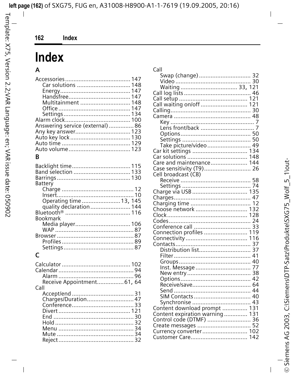 Index | Siemens SXG75 User Manual | Page 163 / 166