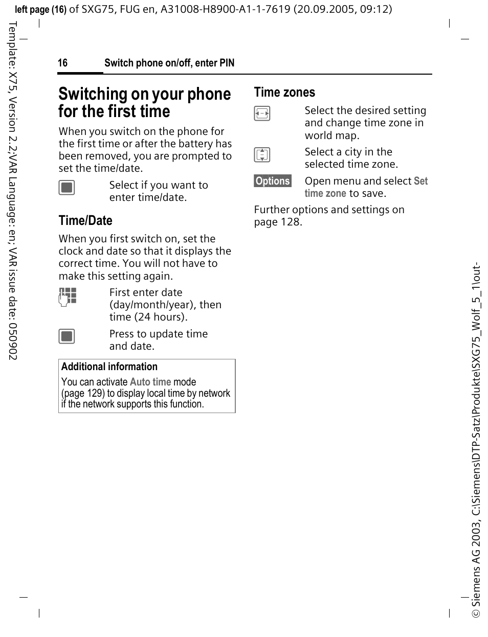 Switching on your phone for the first time, Time/date, Time zones | Siemens SXG75 User Manual | Page 17 / 166