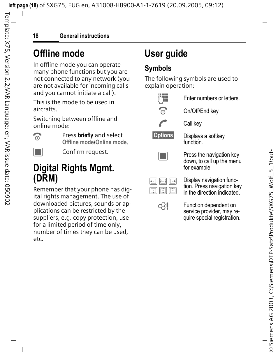 Offline mode, Digital rights mgmt. (drm), User guide | Siemens SXG75 User Manual | Page 19 / 166