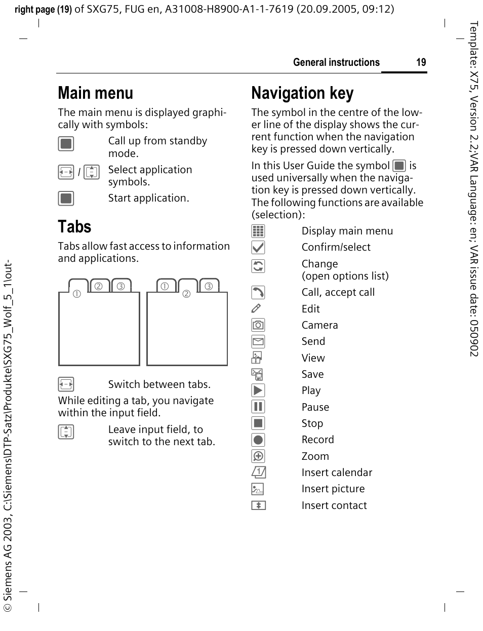 Main menu, Tabs, Navigation key | Siemens SXG75 User Manual | Page 20 / 166
