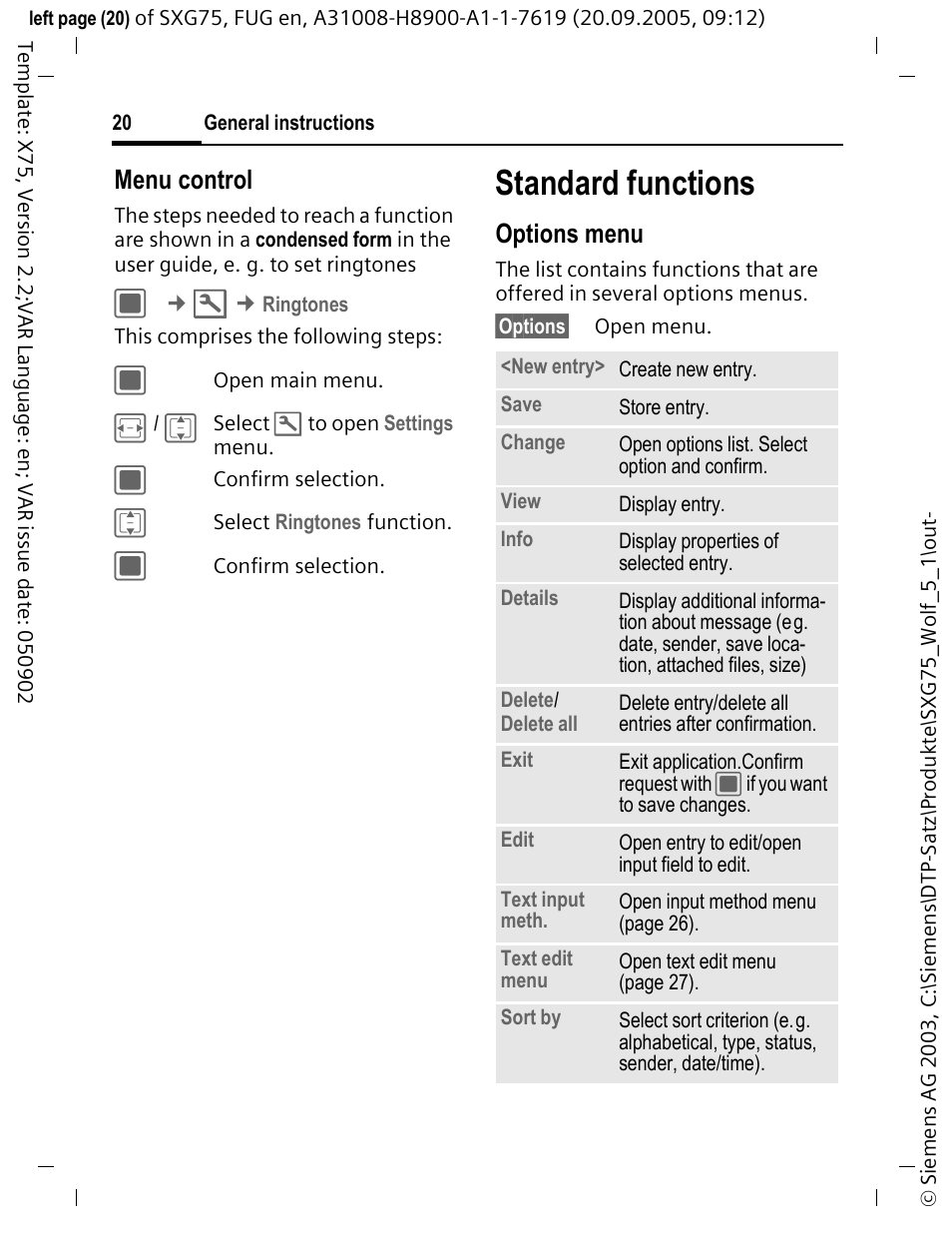 Standard functions, Menu control, Options menu | Siemens SXG75 User Manual | Page 21 / 166