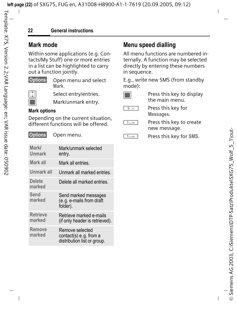Mark mode, Menu speed dialling | Siemens SXG75 User Manual | Page 23 / 166