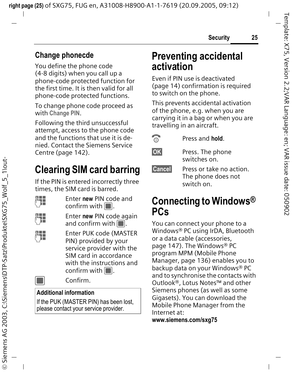 Clearing sim card barring, Preventing accidental activation, Connecting to windows® pcs | Connecting to windows, Change phonecde | Siemens SXG75 User Manual | Page 26 / 166