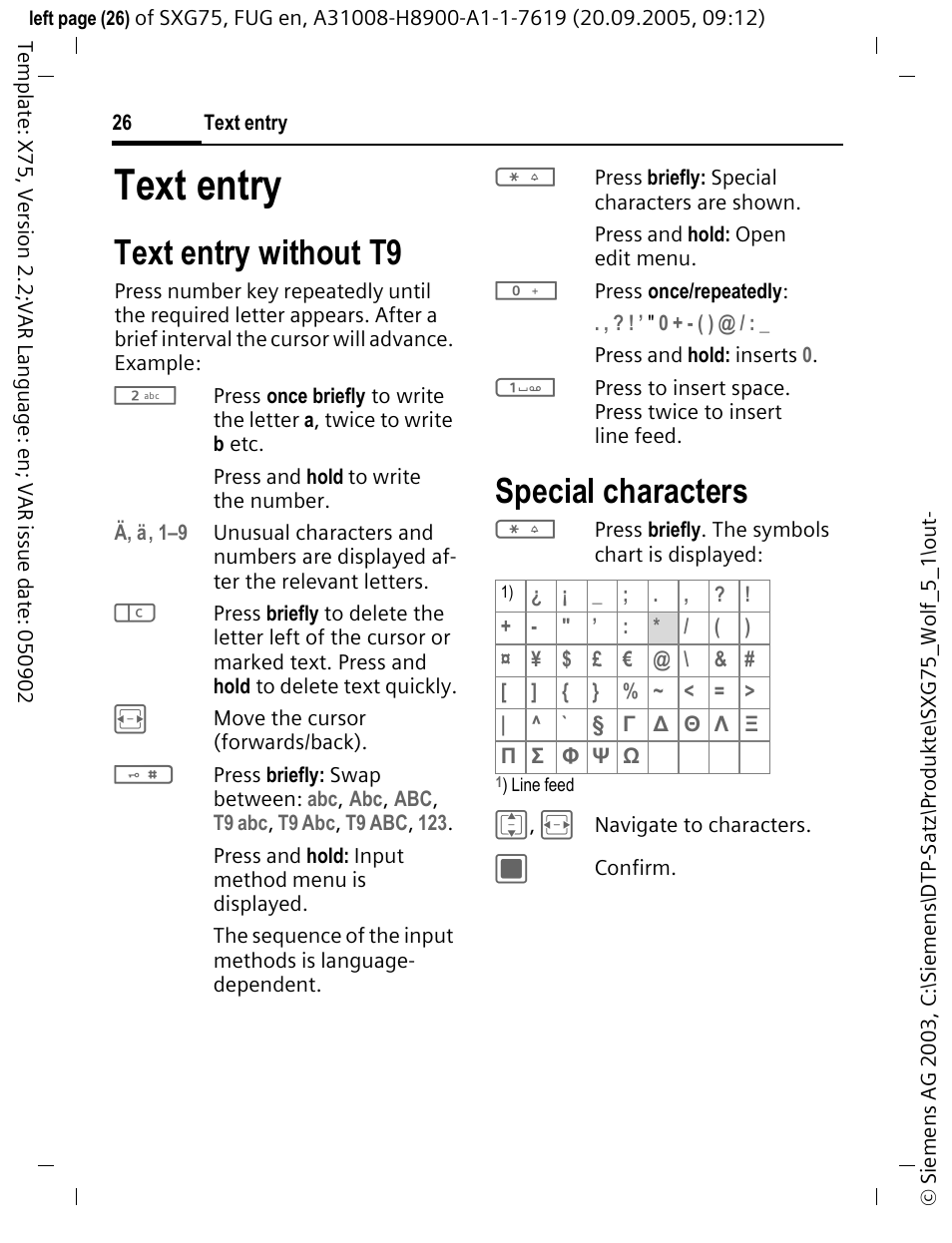 Text entry, Text entry without t9, Special characters | Siemens SXG75 User Manual | Page 27 / 166