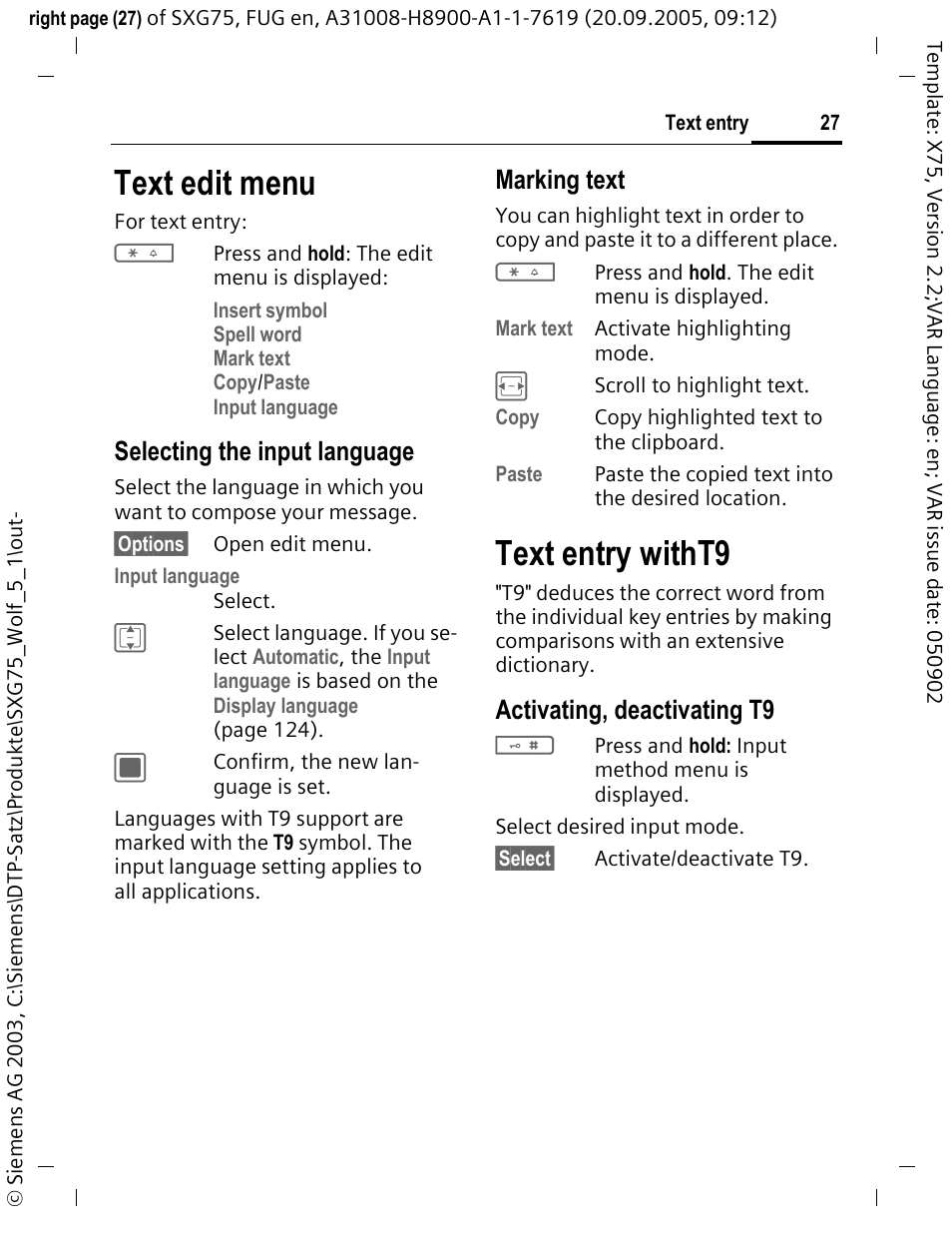 Text edit menu, Text entry witht9, Selecting the input language | Marking text, Activating, deactivating t9 | Siemens SXG75 User Manual | Page 28 / 166