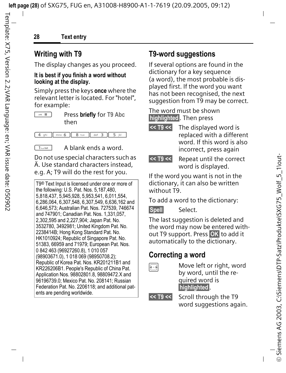 Writing with t9, T9-word suggestions, Correcting a word | Siemens SXG75 User Manual | Page 29 / 166