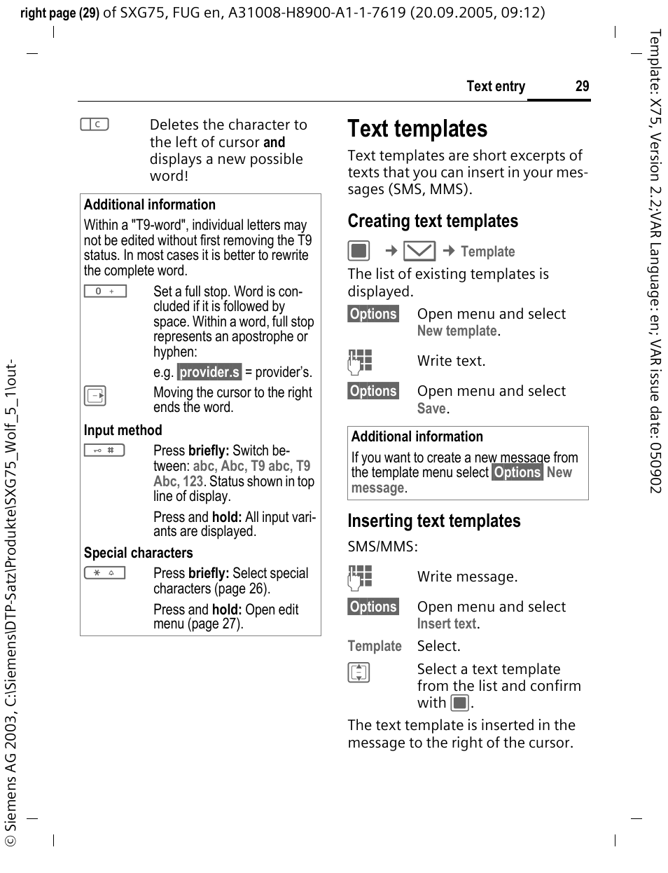 Text templates, Creating text templates, Inserting text templates | Siemens SXG75 User Manual | Page 30 / 166