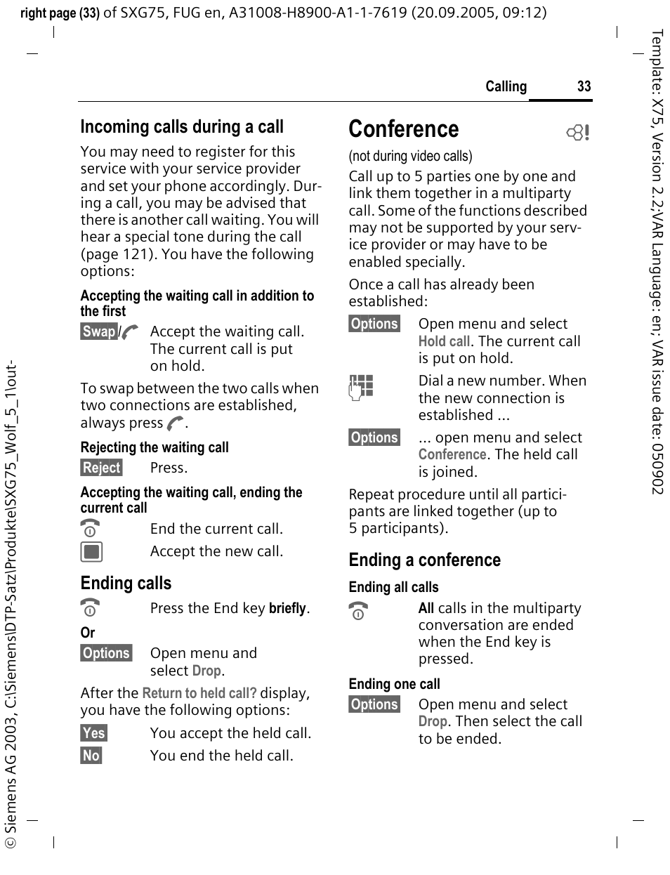 Conference b, Conference, Incoming calls during a call | Ending calls, Ending a conference | Siemens SXG75 User Manual | Page 34 / 166