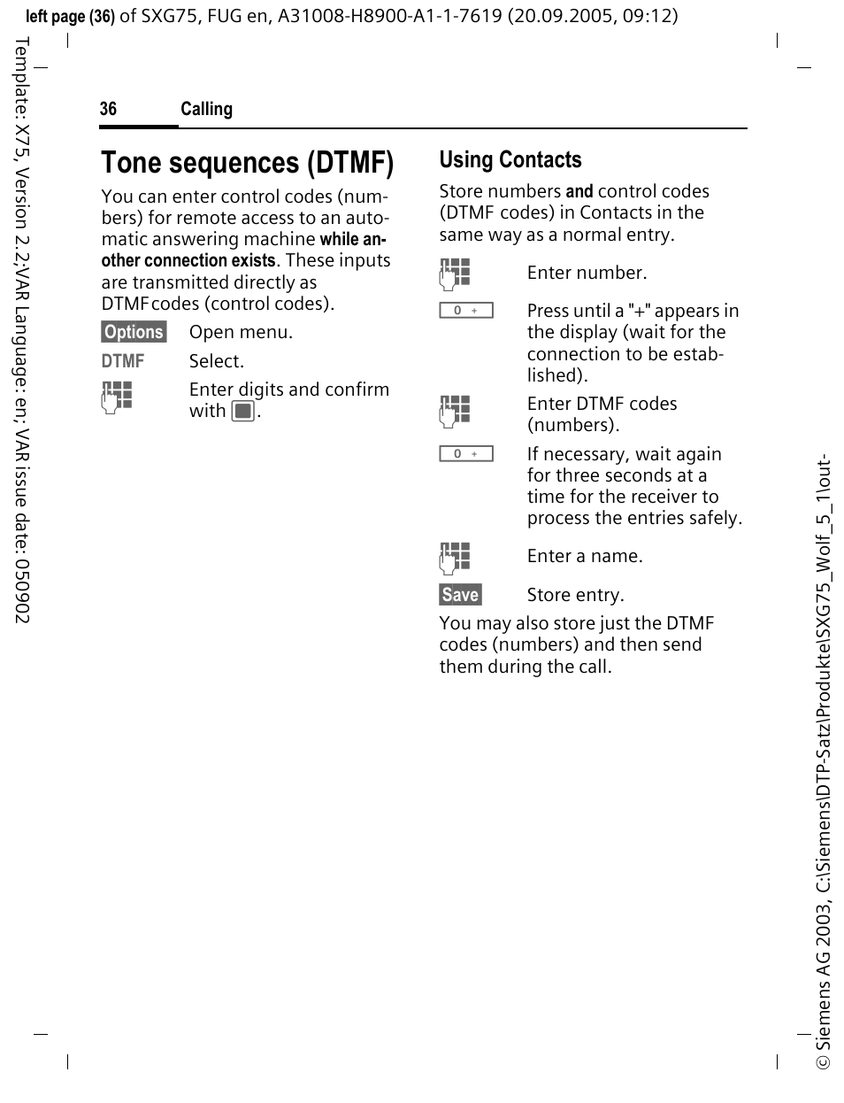 Tone sequences (dtmf), Using contacts | Siemens SXG75 User Manual | Page 37 / 166