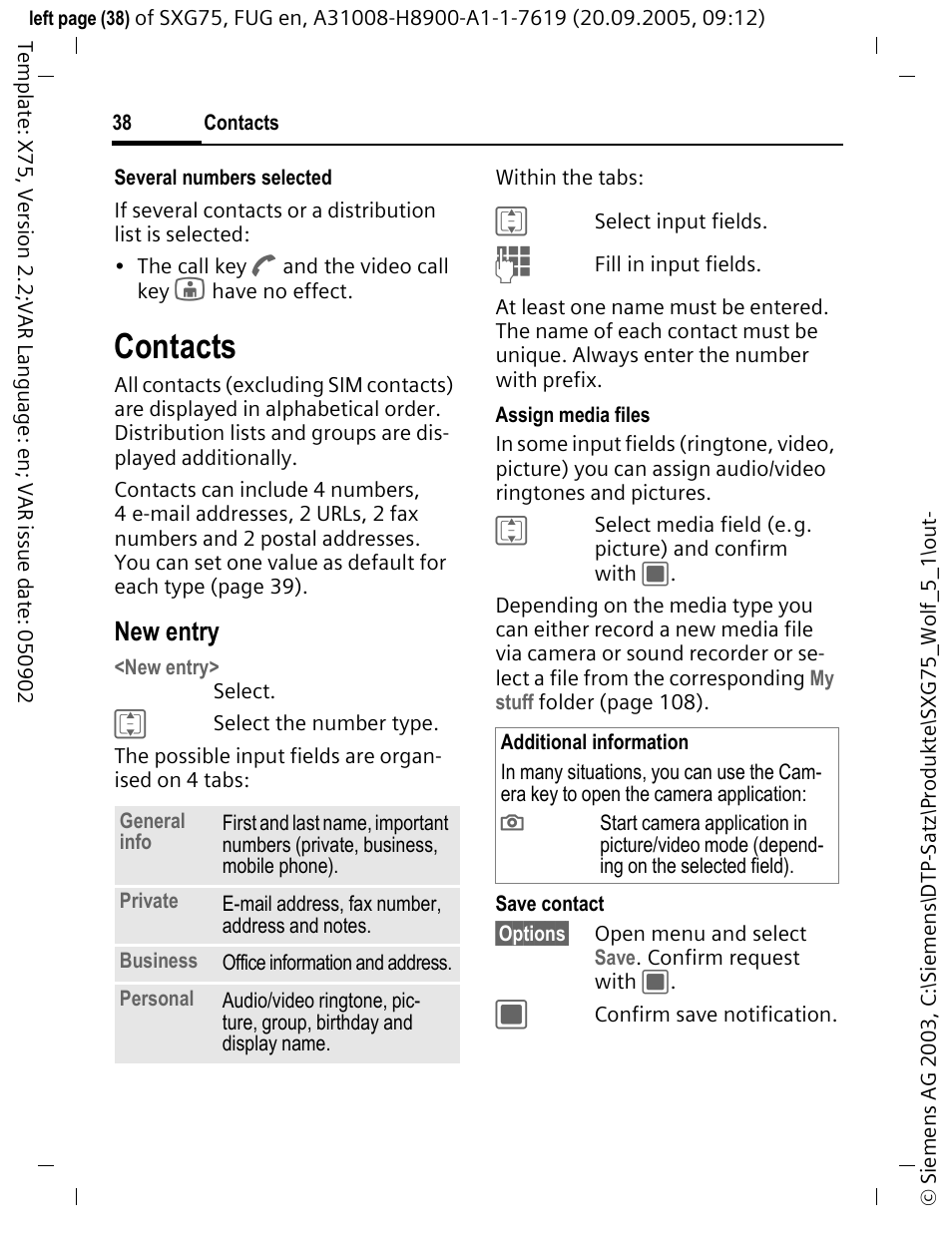 Contacts, New entry | Siemens SXG75 User Manual | Page 39 / 166