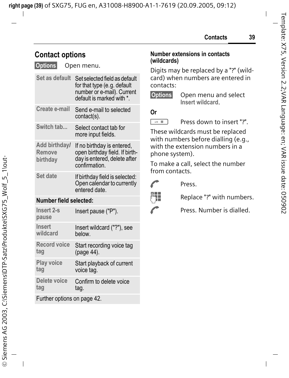 Contact options | Siemens SXG75 User Manual | Page 40 / 166