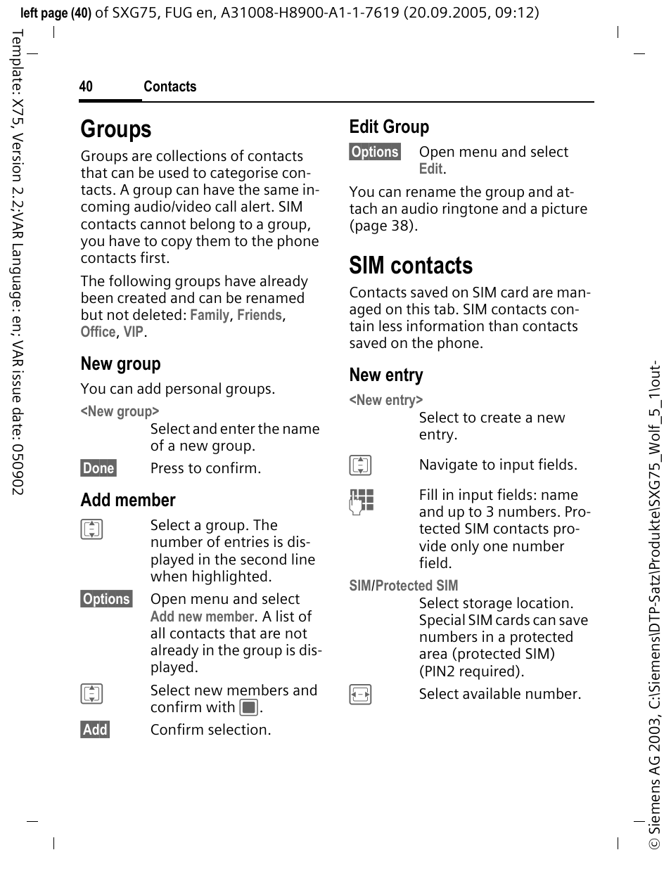 Groups, Sim contacts, New group | Add member, Edit group, New entry | Siemens SXG75 User Manual | Page 41 / 166