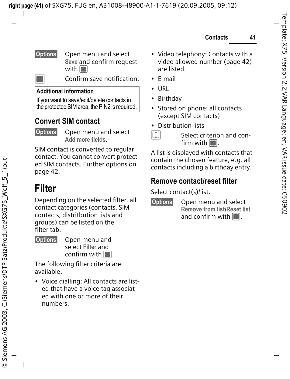 Filter, Convert sim contact, Remove contact/reset filter | Siemens SXG75 User Manual | Page 42 / 166