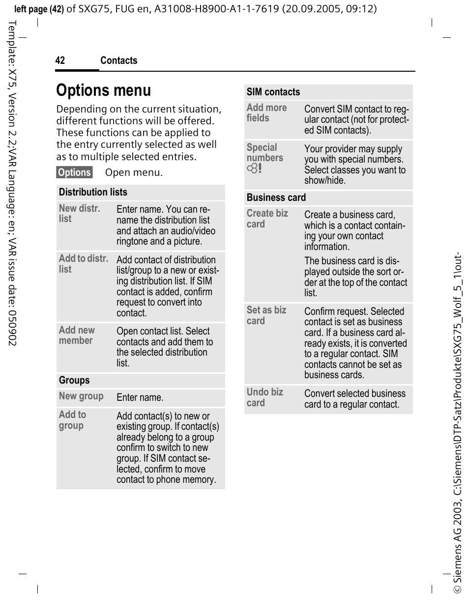 Options menu | Siemens SXG75 User Manual | Page 43 / 166