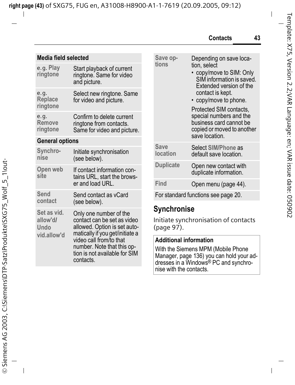 Synchronise | Siemens SXG75 User Manual | Page 44 / 166