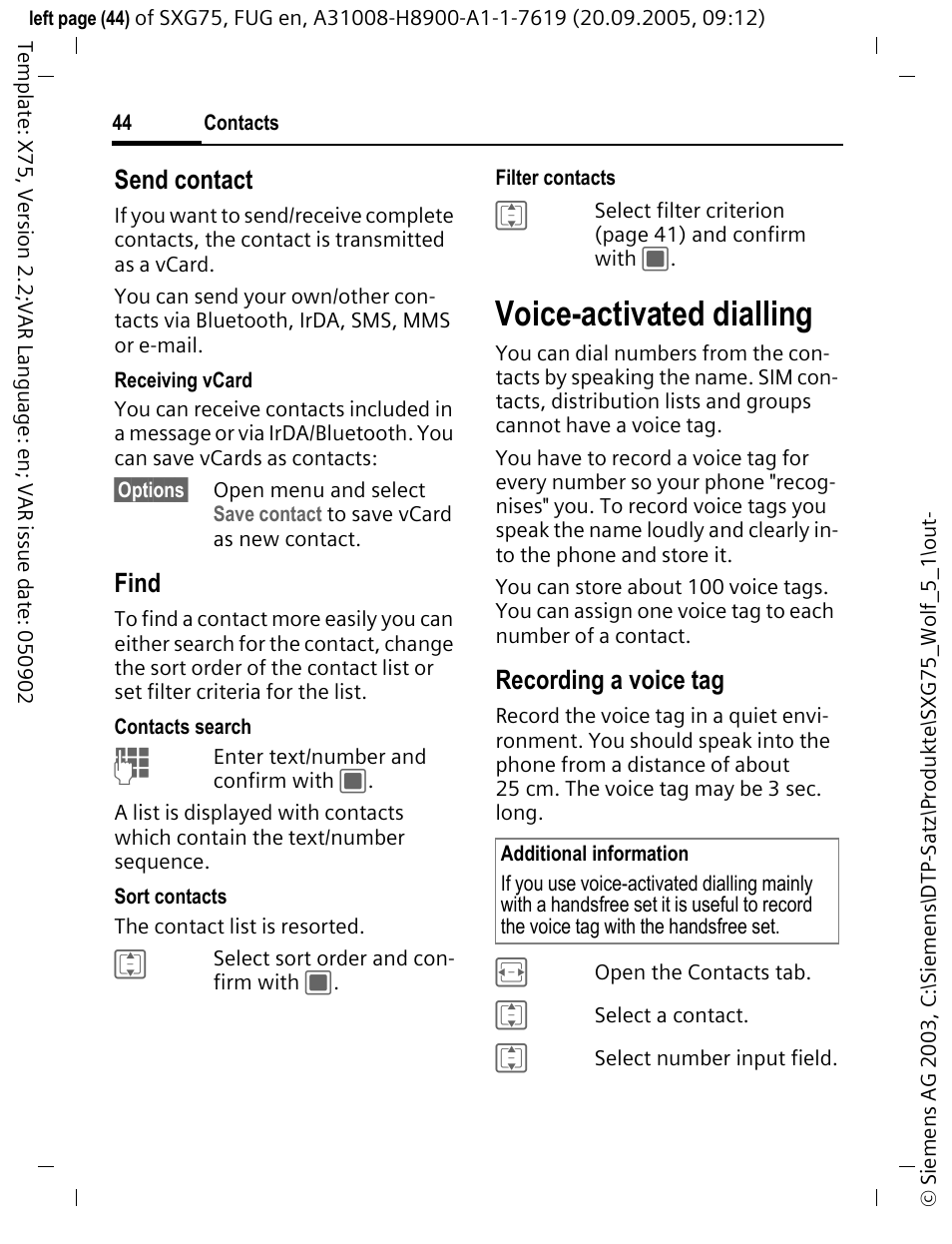 Voice-activated dialling, Send contact, Find | Recording a voice tag | Siemens SXG75 User Manual | Page 45 / 166