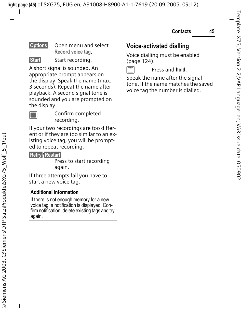 Voice-activated dialling | Siemens SXG75 User Manual | Page 46 / 166