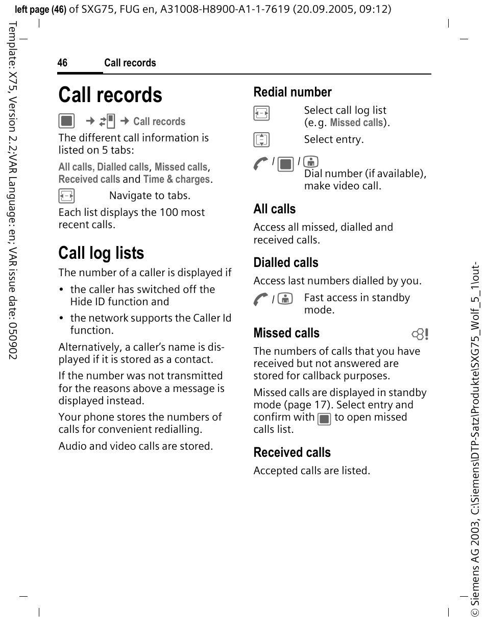 Call records, Call log lists | Siemens SXG75 User Manual | Page 47 / 166