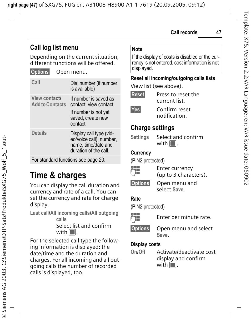 Time & charges, Call log list menu, Charge settings | Siemens SXG75 User Manual | Page 48 / 166