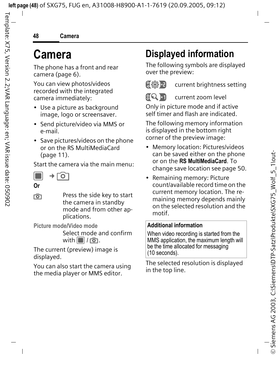 Camera, Displayed information | Siemens SXG75 User Manual | Page 49 / 166