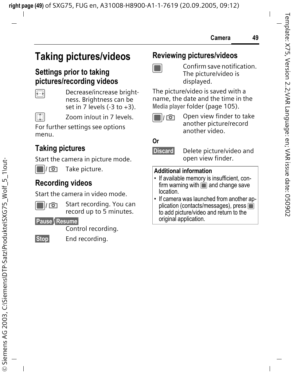 Taking pictures/videos, Settings prior to taking pictures/recording videos, Taking pictures | Recording videos, Reviewing pictures/videos | Siemens SXG75 User Manual | Page 50 / 166