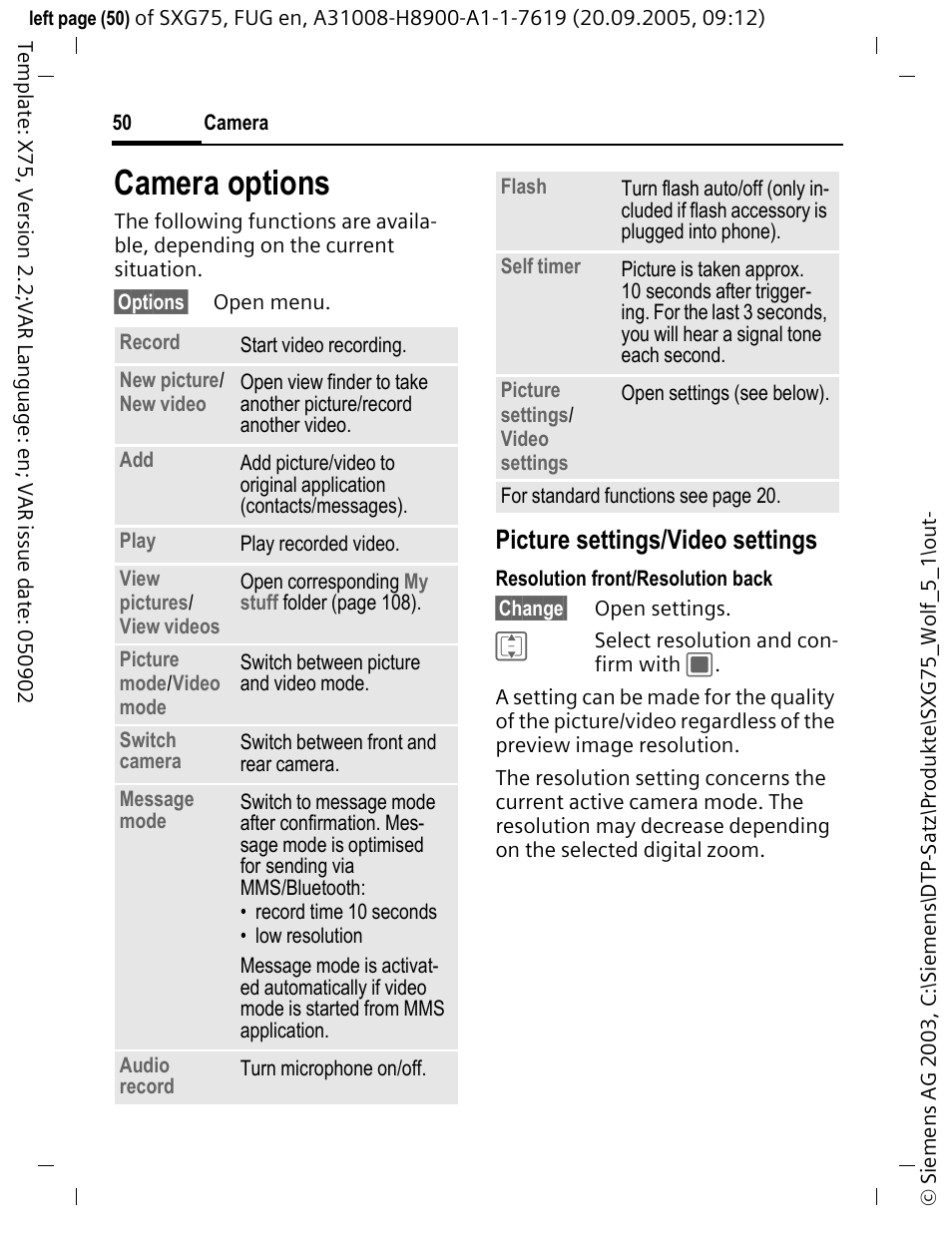 Camera options, Picture settings/video settings | Siemens SXG75 User Manual | Page 51 / 166