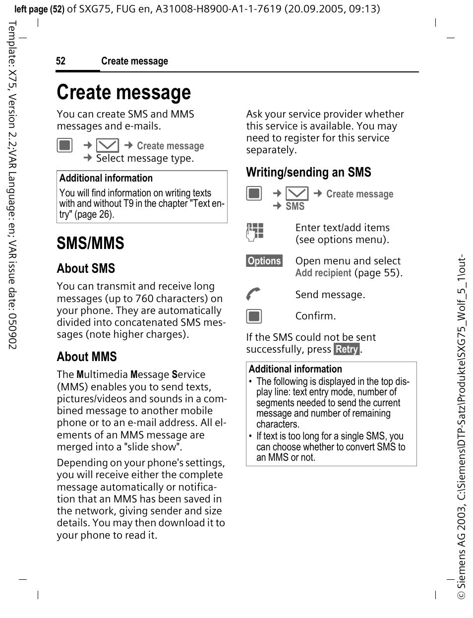 Create message, Sms/mms, About sms | About mms, Writing/sending an sms | Siemens SXG75 User Manual | Page 53 / 166