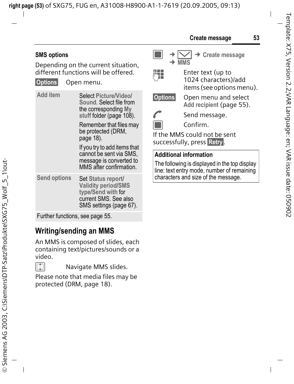 Writing/sending an mms | Siemens SXG75 User Manual | Page 54 / 166