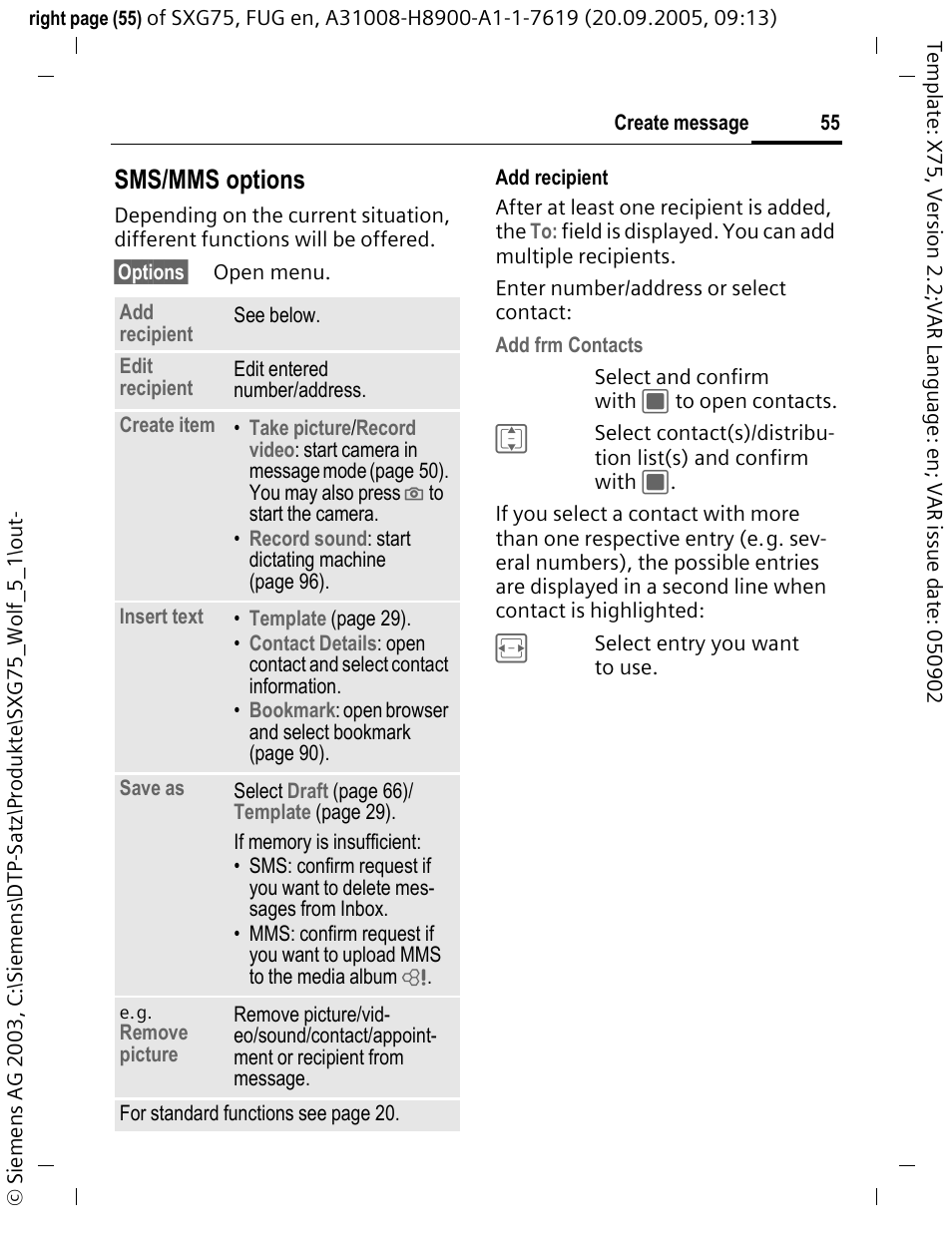 Sms/mms options | Siemens SXG75 User Manual | Page 56 / 166