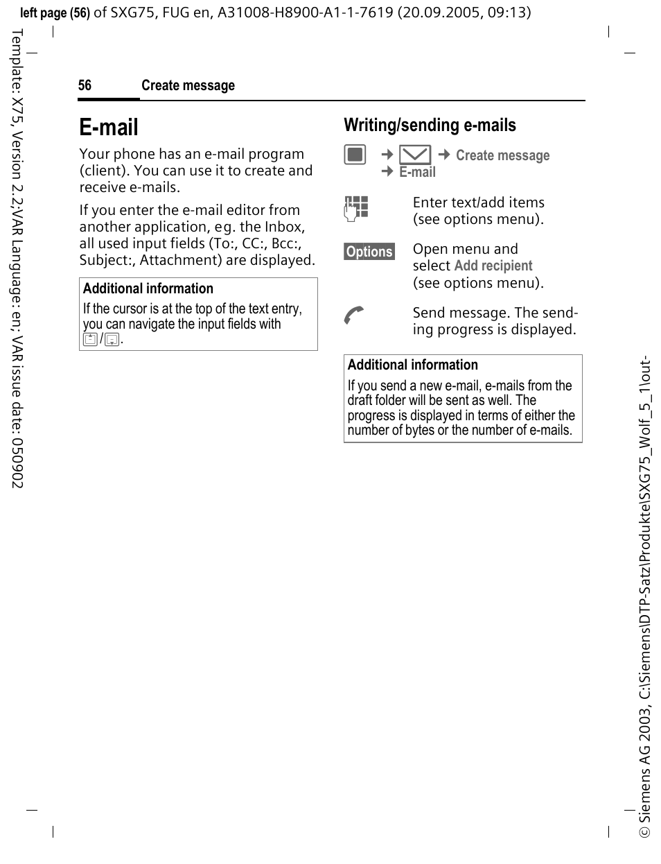 E-mail, Writing/sending e-mails | Siemens SXG75 User Manual | Page 57 / 166