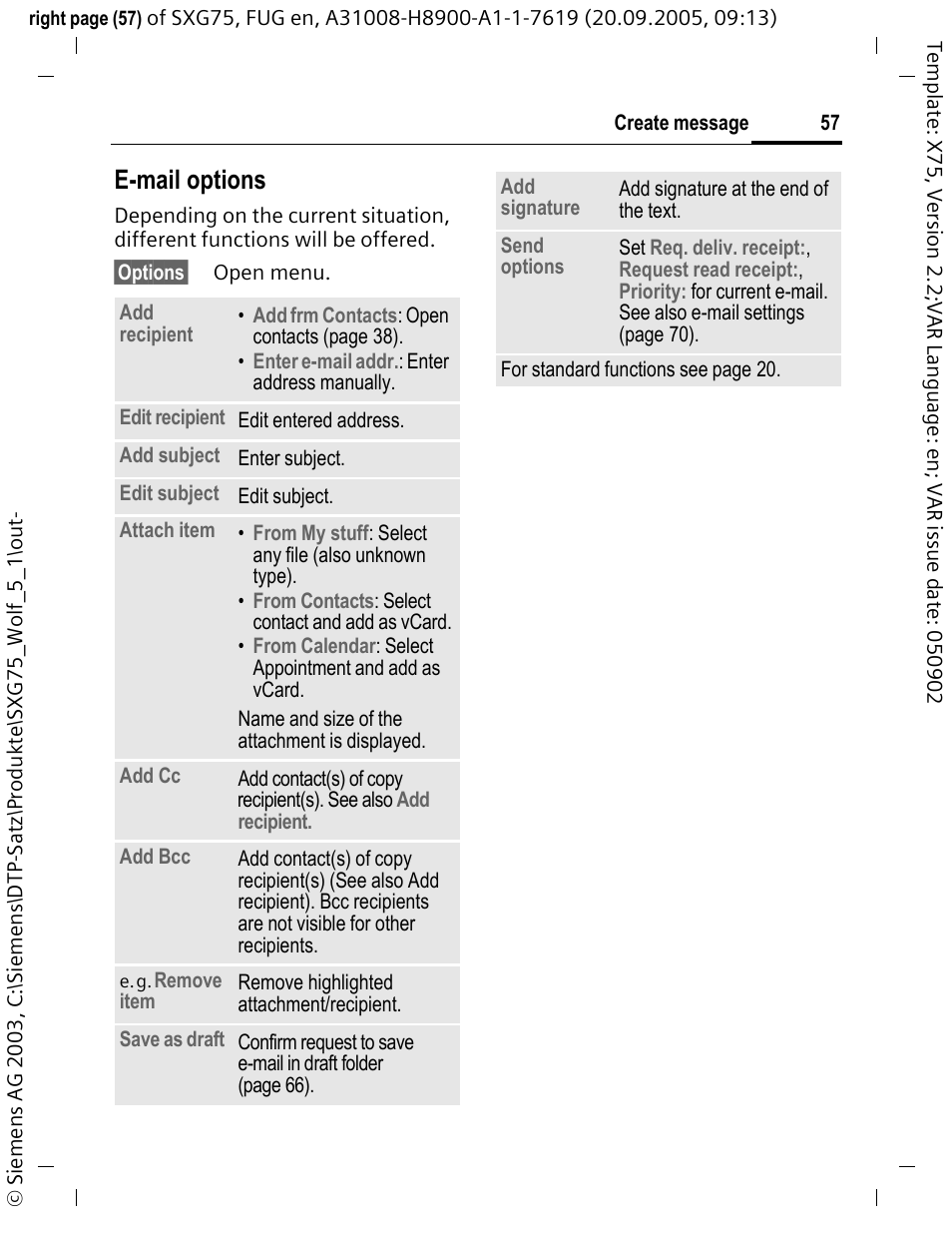 E-mail options | Siemens SXG75 User Manual | Page 58 / 166